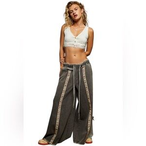 POL Cotton Wide-Leg Pants Black with Floral Trim Pants